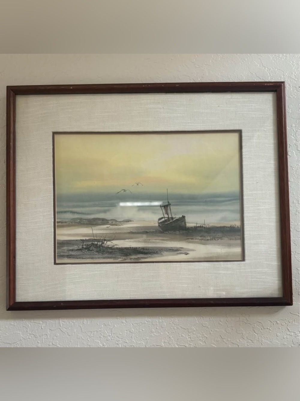 Vintage Framed Coastal Shoreline Sunset Painting